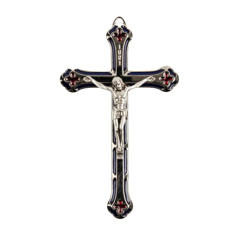 Crucifix métal et Christ couleur argenté + résine bleue et rouge H. 13,5 cm..