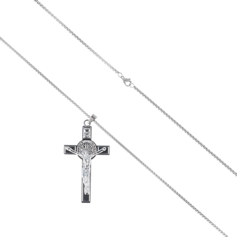 Collier sur chaine avec croix de Saint de Benoit H. 6.50 cm en acier inoxydable