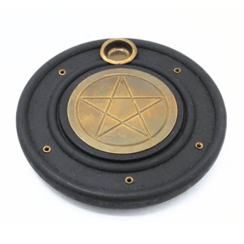Brûleur d'encens en bois de manguier avec pentagramme en laiton 10 cm