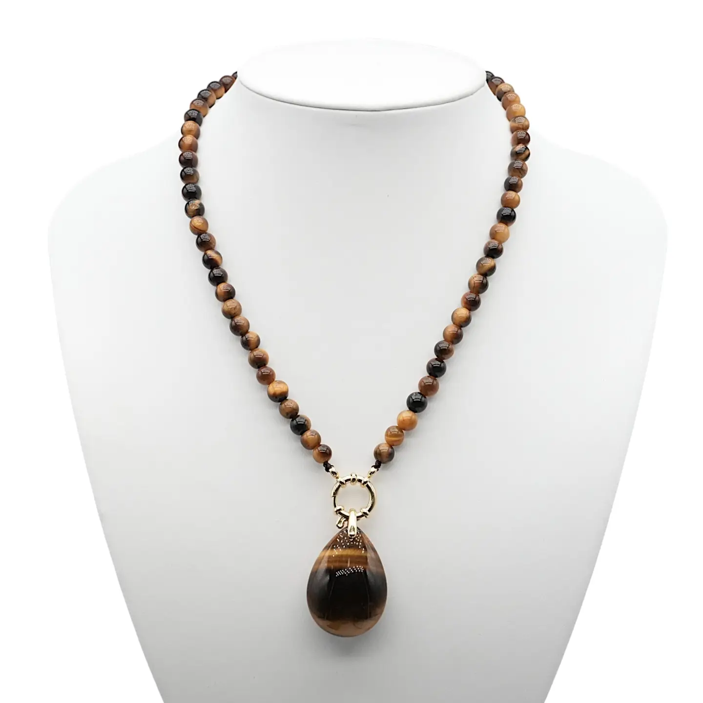 Collier boule en Œil de tigre A attache bouée en acier doré avec pendentif 6mm