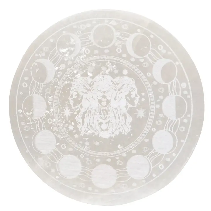 Plaque circulaire en sélénite Phases lunaires avec visages 10cm