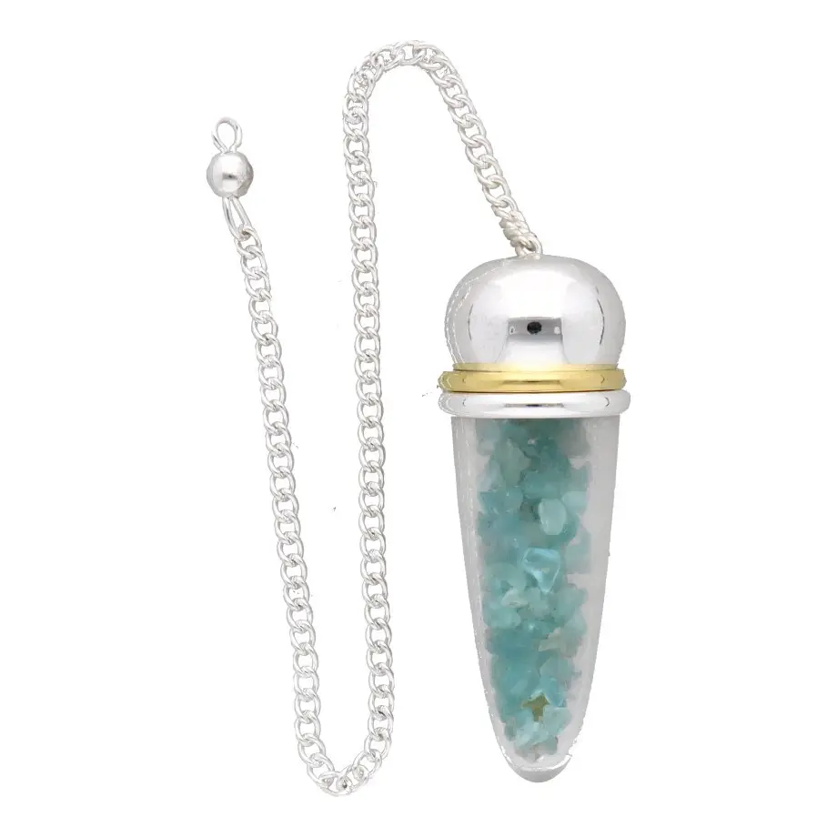 Pendulaire en forme de goutte d'apatite, de résine et d'orgonite, témoin métallique