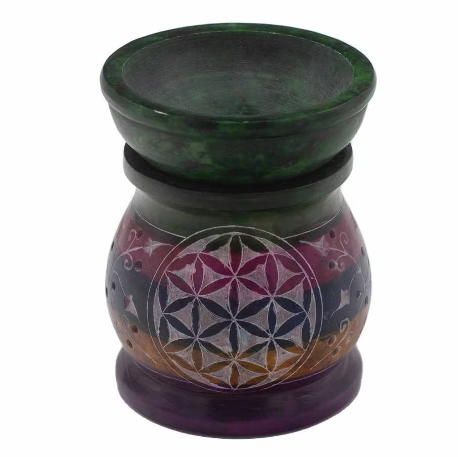 Brûleur à Huile en Stéatite 10cm - Fleur de Vie - Cinq Couleurs