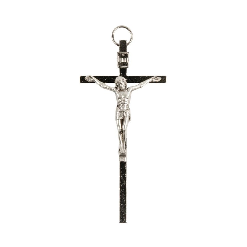 Crucifix en métal argenté de forme carrée avec Christ, H. 9 cm