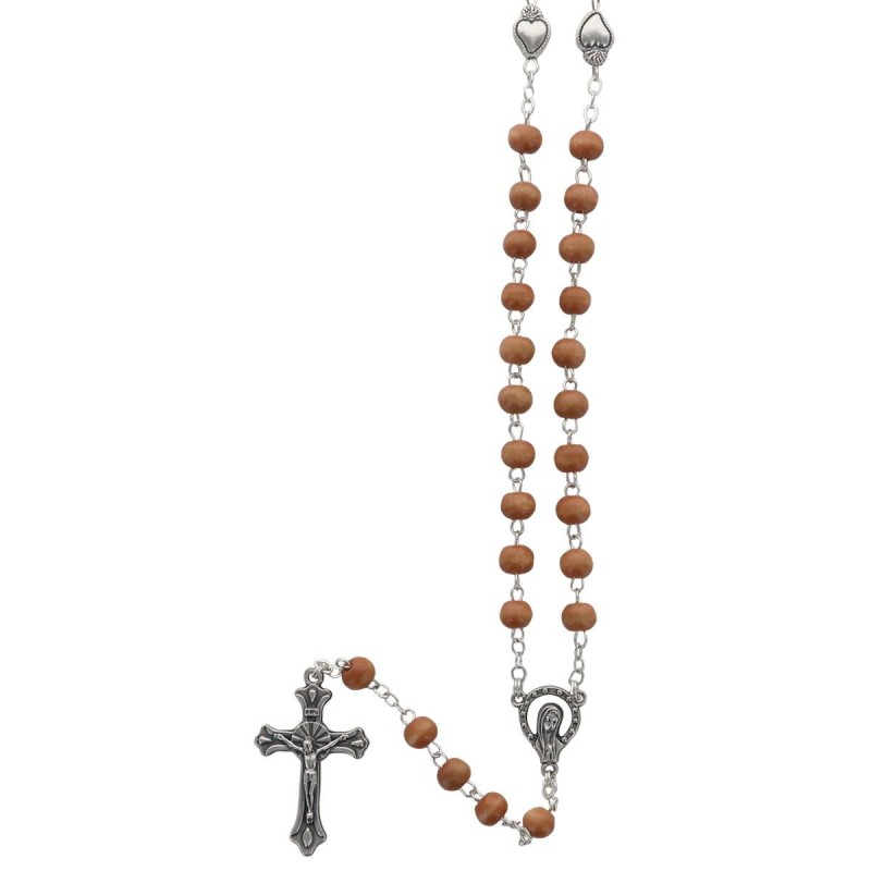 Chapelet sur chaîne en bois, grains ronds Ø 6 mm. L. au cœur 33 cm pater cœur Ex-Voto, croix avec Christ.