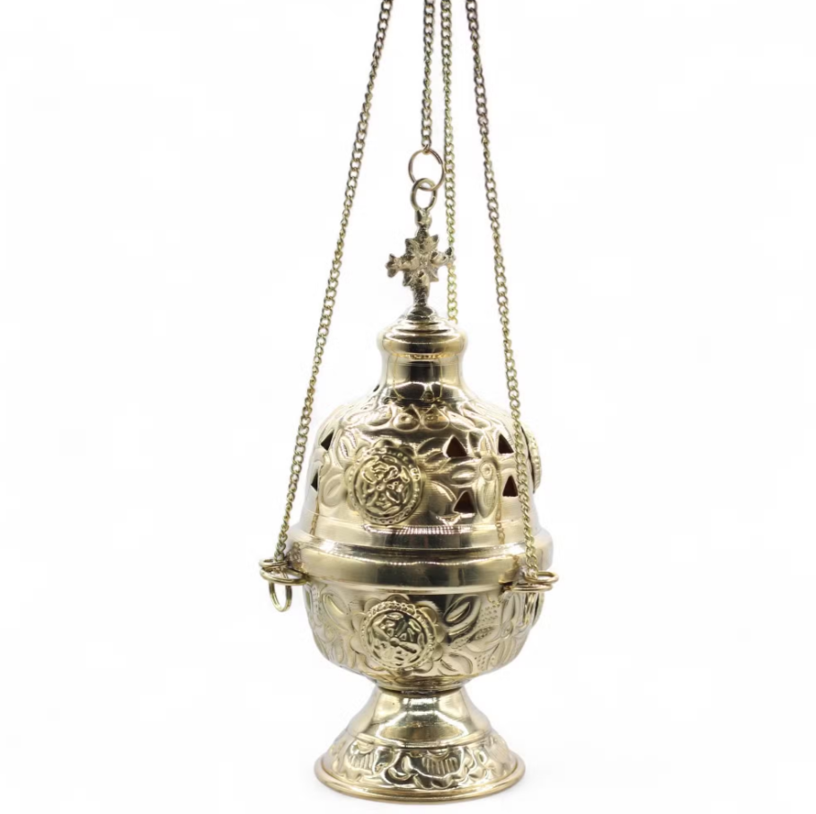 Brûleur d'encens en laiton suspendu - chaîne filetée - 16,5 × 6,5 cm (laiton fin)